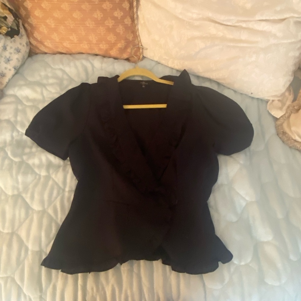 Navy ruffle wrap blouse